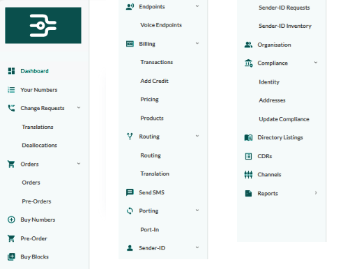 The customer portal navigation: your numbers, change requests, orders, buy numbers, pre-order, buy blocks, endpoints, billing, routing, send SMS, porting, sender-ID, organisation, compliance, directory listings, CDRs, channels and reports.