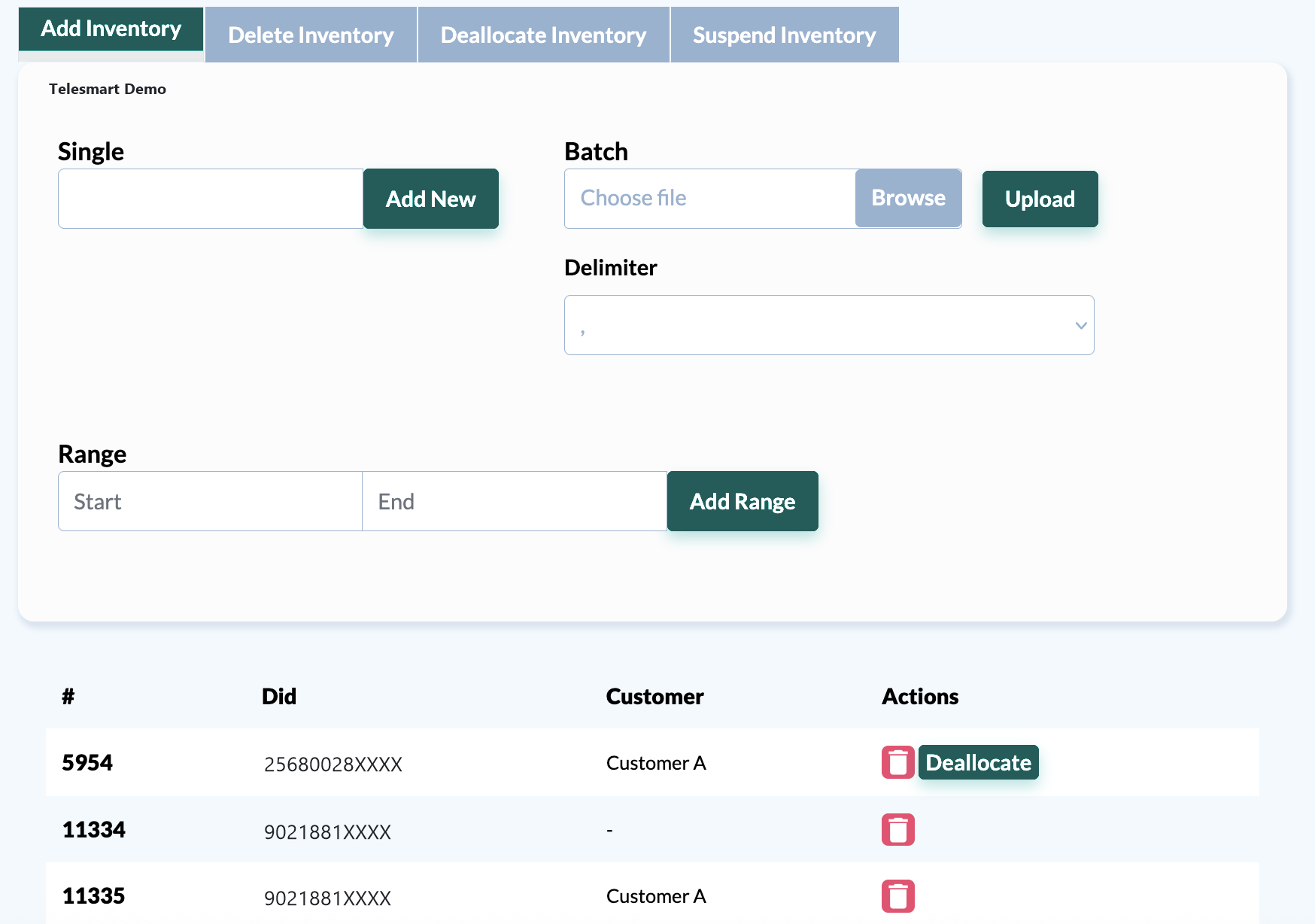 Inventory management in the platform, showing add, delete, deallocate and suspend actions, single, batch and range entry, and a list of numbers with their assigned customer.